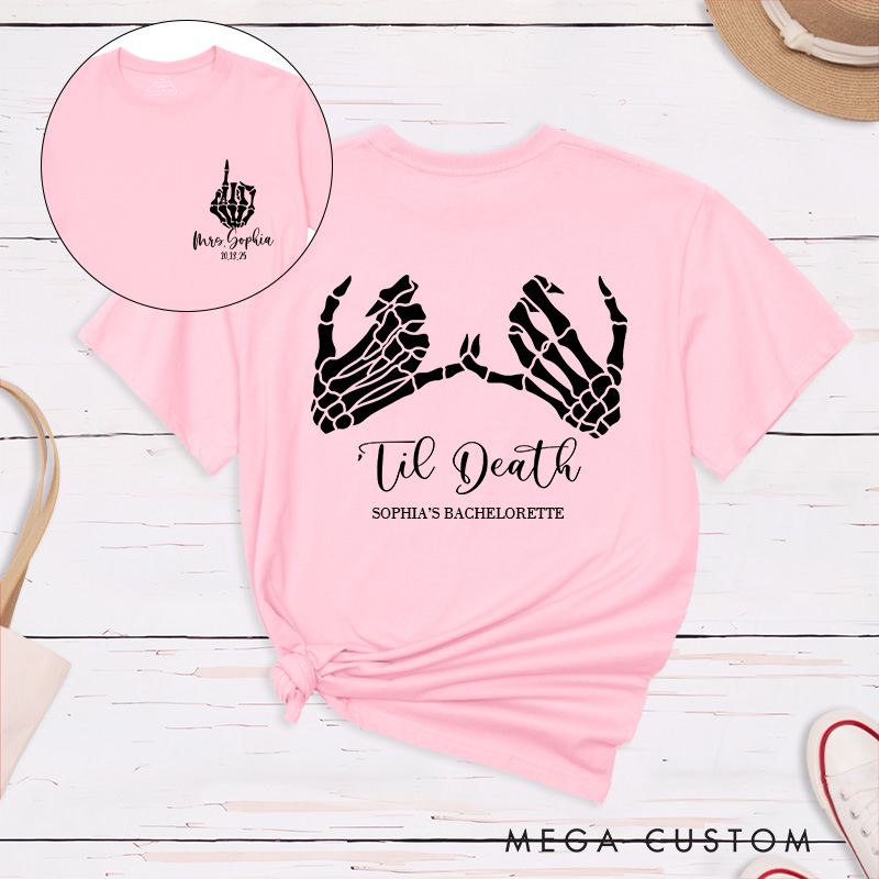 Personalized Funny Bride Skull Hand with Ring Halloween Matching T-Shirt Mrs. Bride ‘Til Death T-Shirt Wedding Bachelorette Party Gift