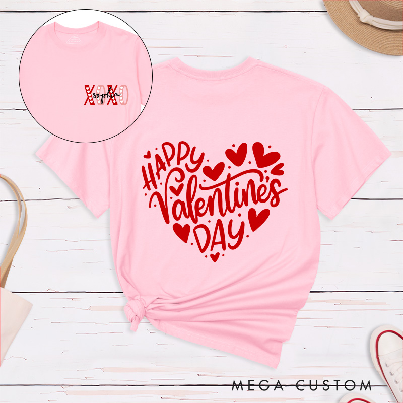 Personalized Couple Happy Valentine's Day Matching T-Shirt XOXO with Name T-Shirt for Husband Wife Boyfriend Girlfriend Gift for Hubby Wifey