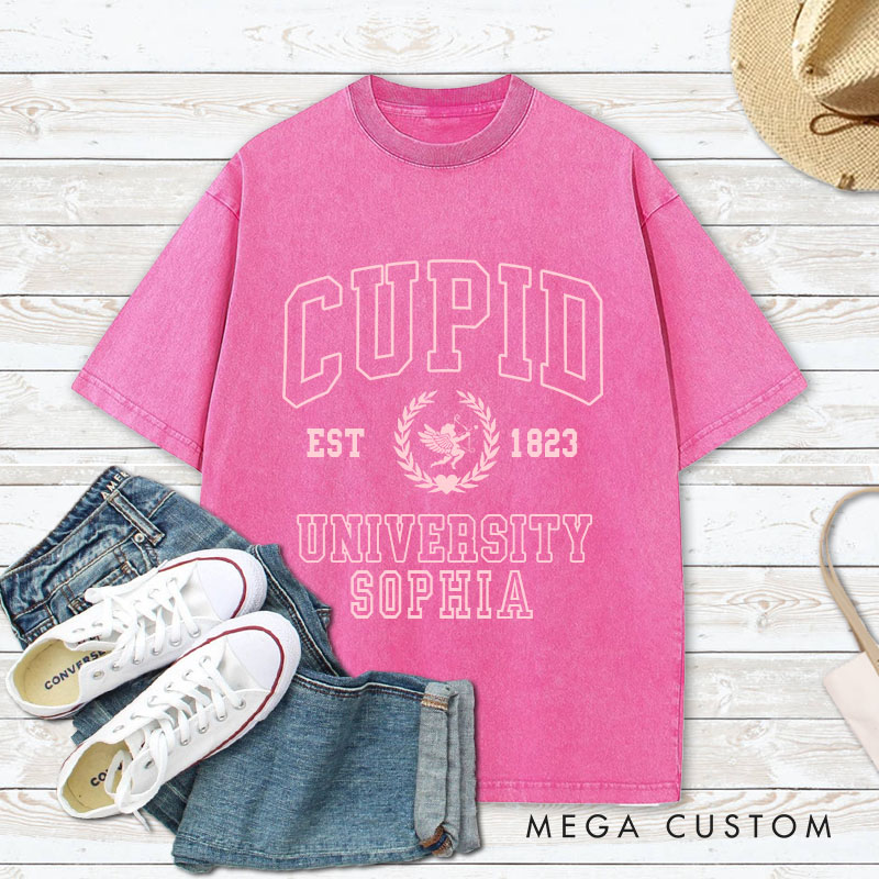 Personalized Couple Cupid University Washed T-Shirt Valentine's Day Shirt