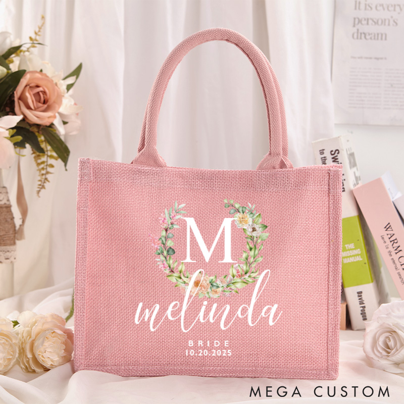 Personalized Bridesmaid Floral Wreath Initials Burlap Tote Bag with Name Maid of Honor Tote Bag