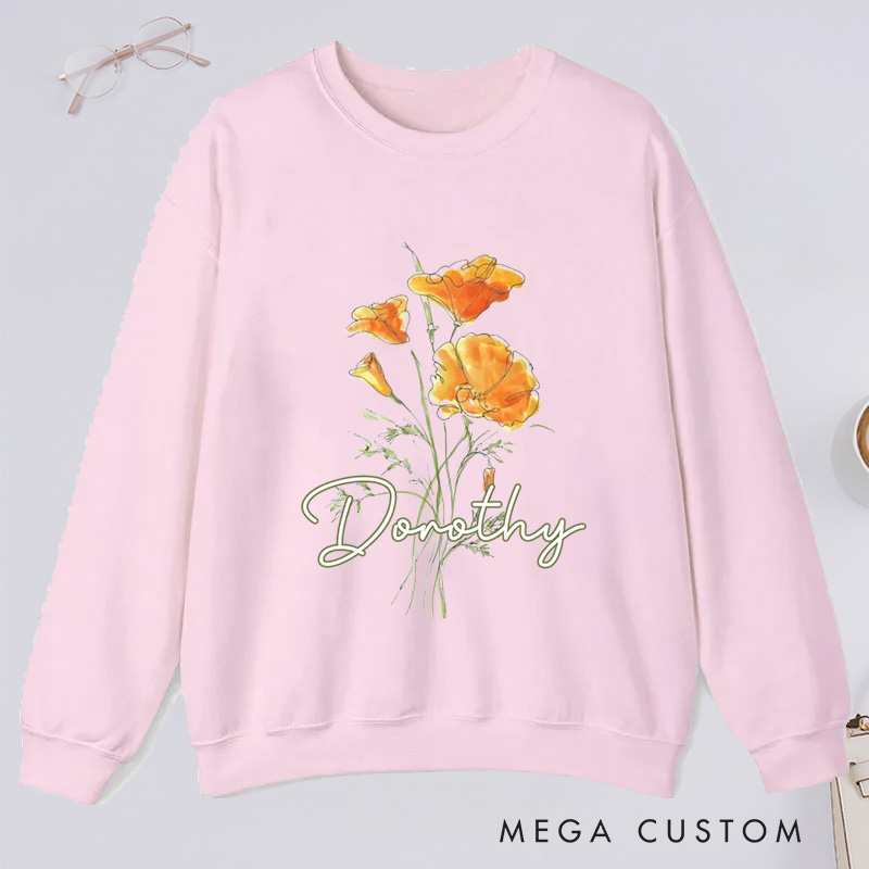Personalized Golden Poppy Classic Sweatshirts Wildflower Sweatshirt with Name Botanical Sweatshirt Plant Lover Gift Gardening Gift for Gardener