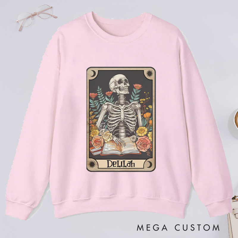 Personalized The Reader Tarot Card Classic Sweatshirts Skeleton Reading Sweatshirt with Name Book Lover Gift Librarian Gift