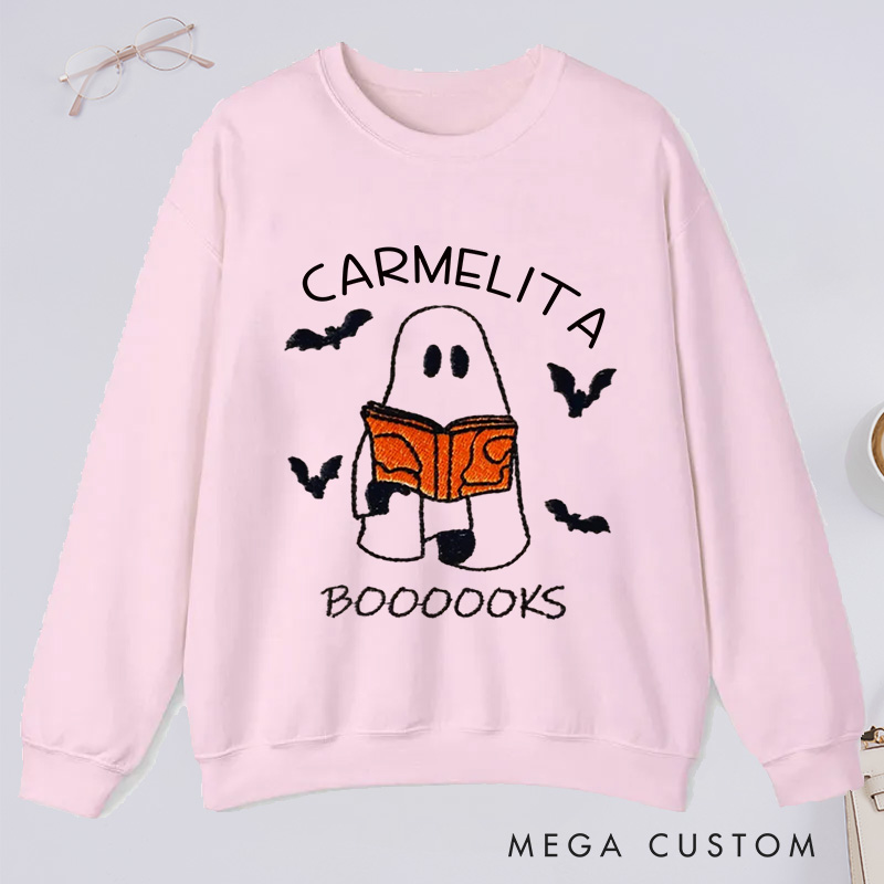 Personalized Booooks Classic Sweatshirts Custom Halloween Sweatshirt with Name Ghost Reading Halloween Gift Book Lovers Gift Librarian Gift