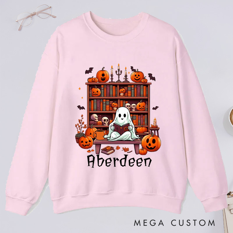 Personalized Ghost Book Reader Classic Sweatshirts Halloween Sweatshirt Bookish Sweatshirt with Name Book Lover Gift Librarian Gift Halloween Gift