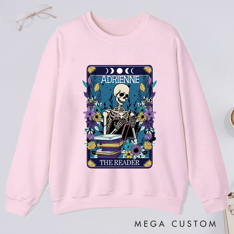 Personalized The Reader Classic Sweatshirts Skeleton Tarot Sweatshirt Bookish Sweatshirt with Name for Book Lover Gift Librarian Gift