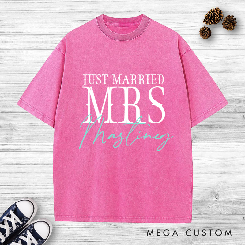 Personalized Modern Just Married Mr and Mrs Matching Wedding Couple Washed T-Shirt