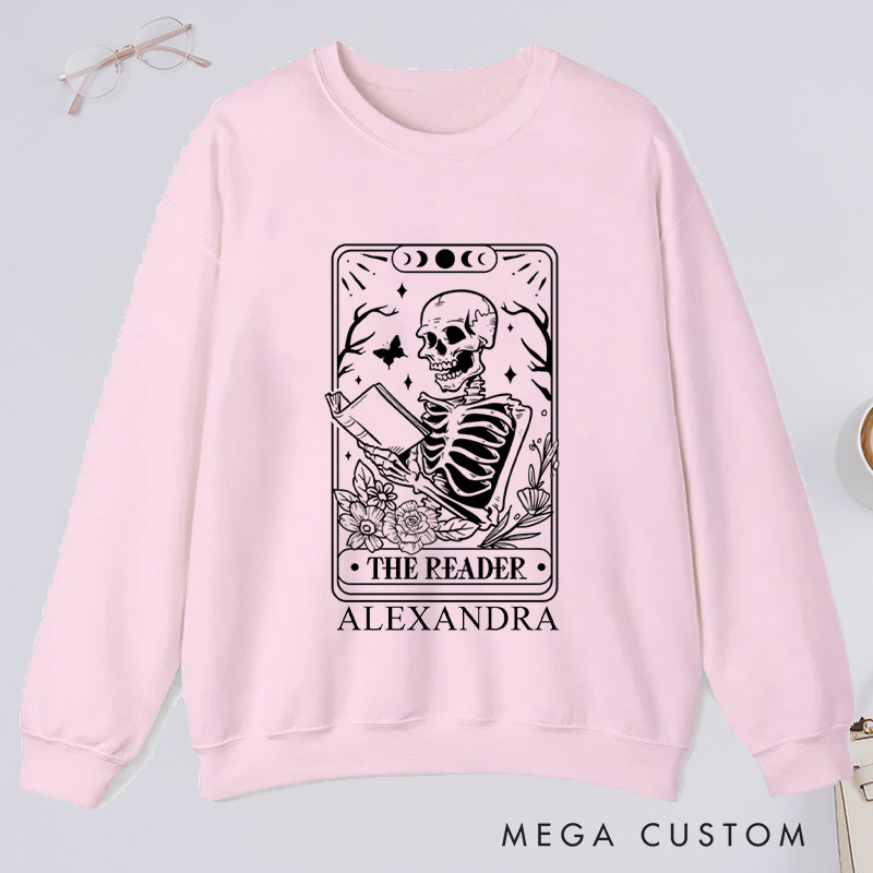 Personalized The Reader Tarot Card Classic Sweatshirts Skeleton Sweatshirt Bookish Sweatshirt with Name Book Lover Gift Librarian Gift Reader Gift