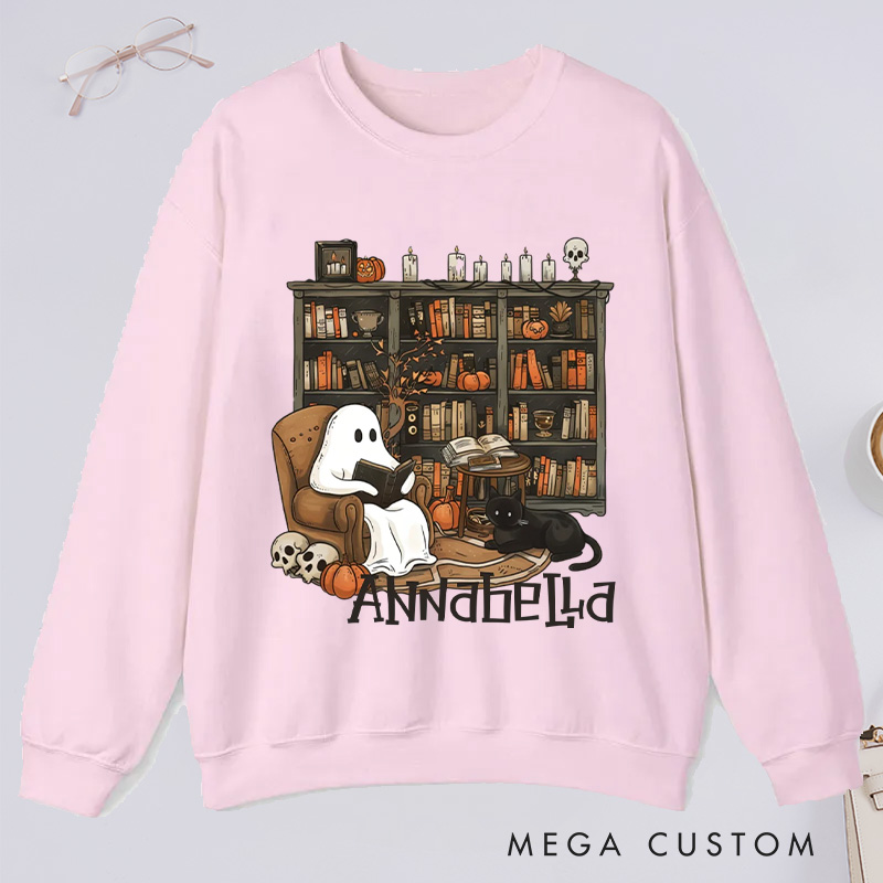 Personalized Retro Ghost Reading Books Classic Sweatshirts Book Lover Sweatshirt Halloween Sweatshirt Reading Gift Librarian Gift Book Lover Gift