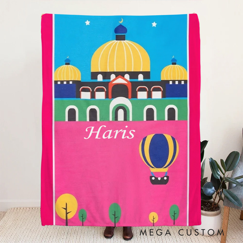 Personalized Mosque Kid Prayer Throw Blanket with Name Home Decor Muslim Sejadah Janamaz Islamic Eid ul-Fitr Gift for Children
