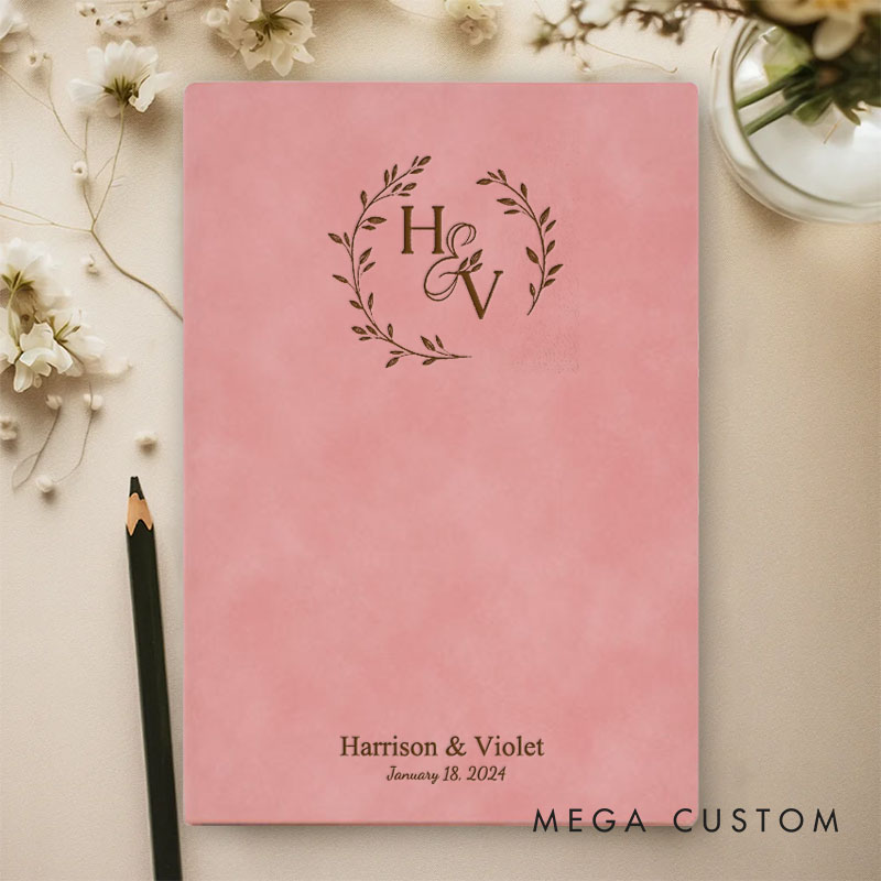 Personalized Laurel Branches with Initials and Date Wedding Couple Leather Journal Notebooks