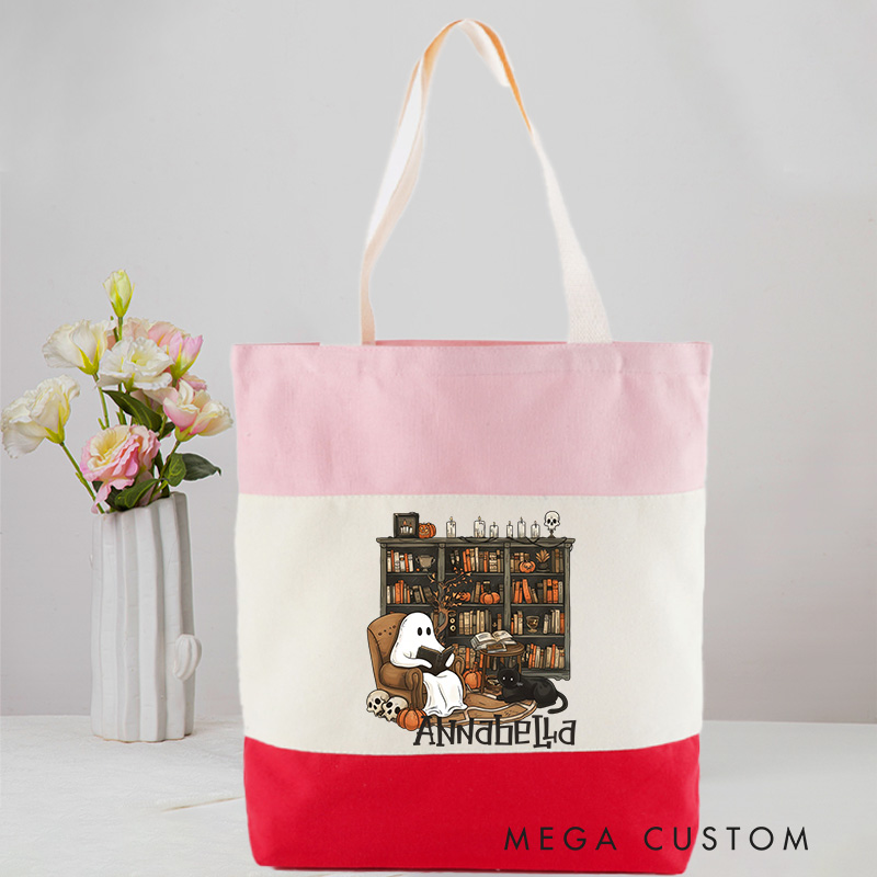 Personalized Retro Ghost Reading Books Tote Bag Book Lover Bag with Name Halloween Tote Bag Halloween Gift Librarian Gift Reader Gift