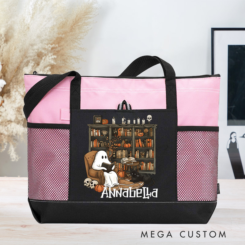 Personalized Retro Ghost Reading Books Tote Bag Book Lover Bag with Name Halloween Bag Halloween Gift Librarian Gift Book Lover Gift