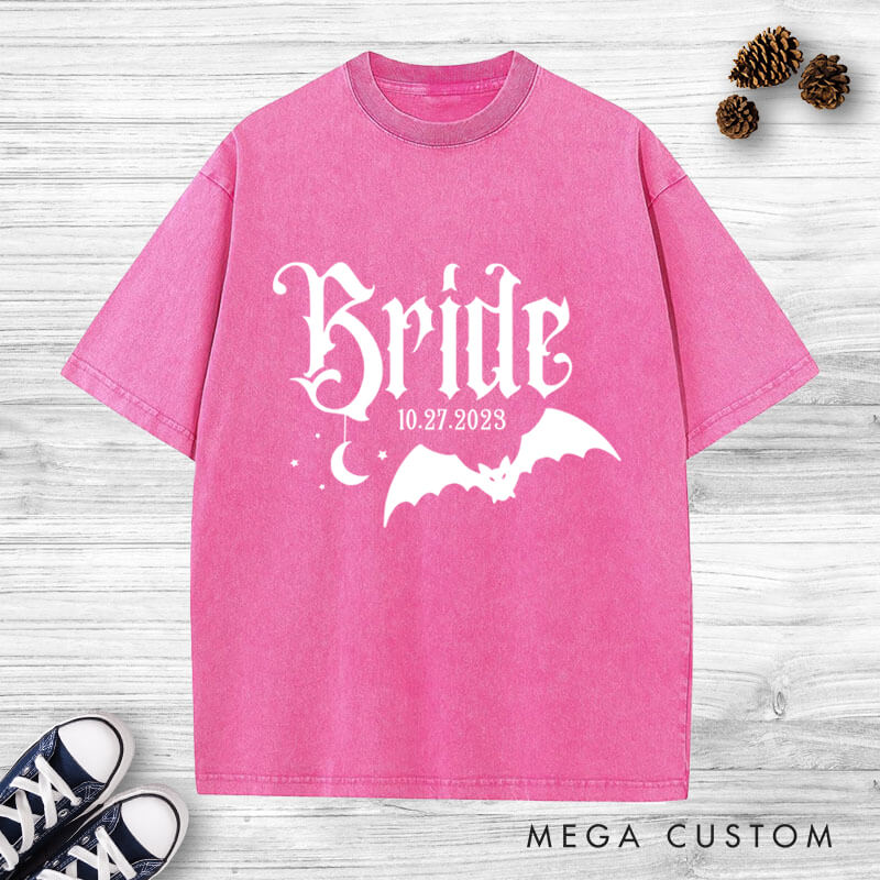 Personalized Halloween-Inspired Gothic Bride and Groom with Bat and Moon Matching Wedding Couple Washed T-Shirt