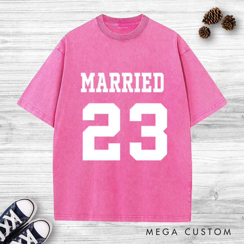 Personalized Bold Sports-Inspired Just Married Matching Wedding Couple Washed T-Shirt