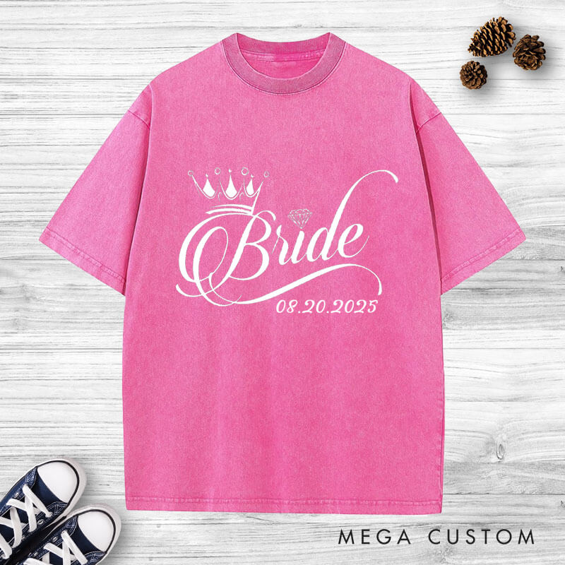 Personalized Regal Bride and Groom with Crowns and Date Matching Wedding Couple Washed T-Shirt