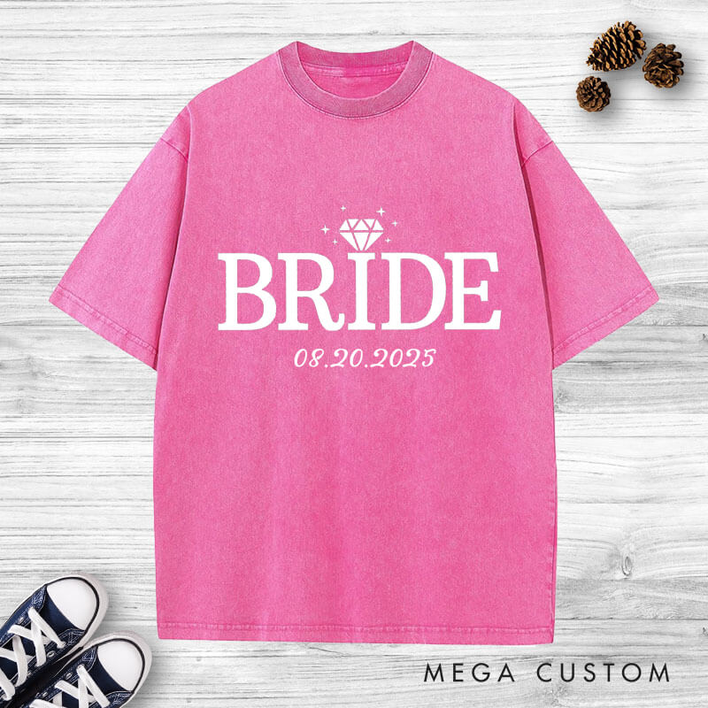 Personalized Elegant Bride and Groom with Rings Matching Wedding Couple Washed T-Shirt