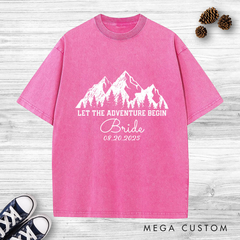 Personalized Rustic Line Mountains Let The Adventure Begin Bride and Groom Matching Wedding Couple Washed T-Shirt