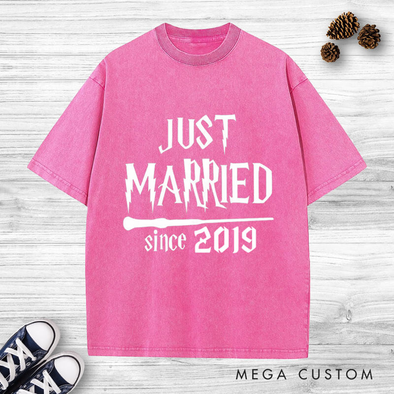 Personalized Magical Just Married with Year Newlyweds Matching Wedding Couple Washed T-Shirt