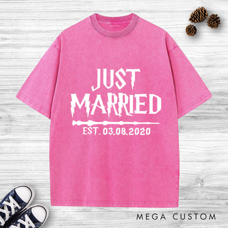 Personalized Just Married with Date Matching Wedding Couple Washed T-Shirt