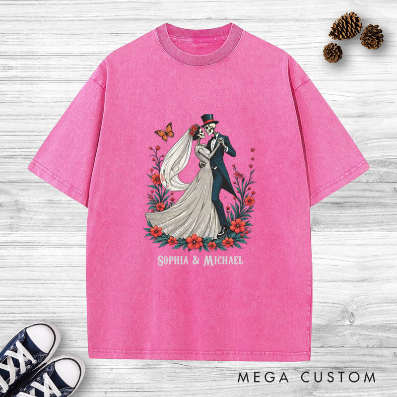 Personalized Romantic Dancing Skeleton Matching Wedding Couple Washed T-Shirt