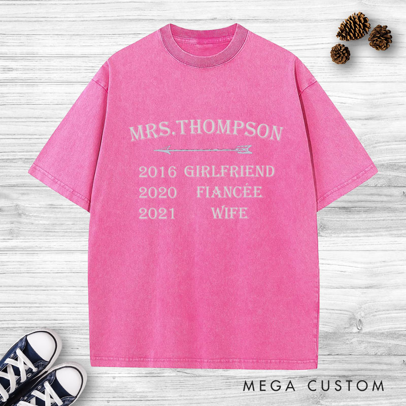 Personalized Mr and Mrs Milestone Journey with Arrow Matching Wedding Couple Washed T-Shirt