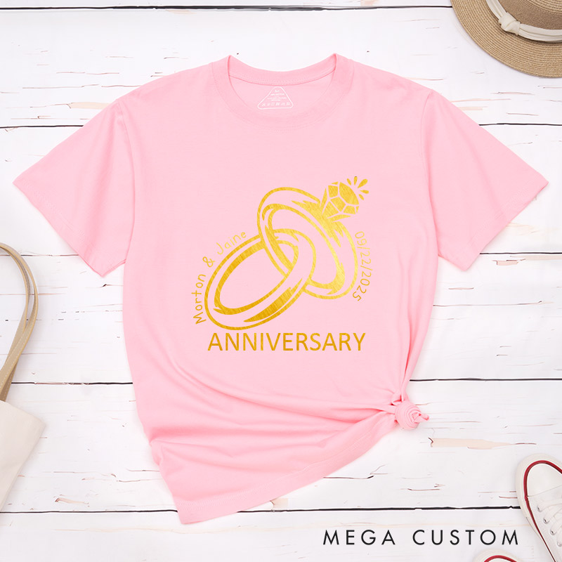 Personalized Golden Rings Anniversary T-Shirt Elegant Celebrate Couple Anniversary T-Shirts for Husband Wife Anniversary Gift Tees