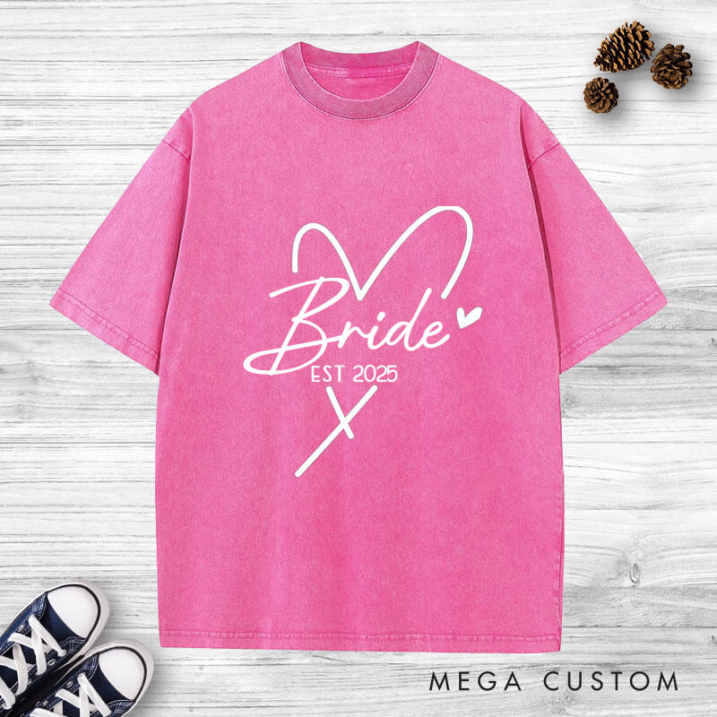 Personalized Bride and Groom with Heart Wedding Couple Washed T-Shirt