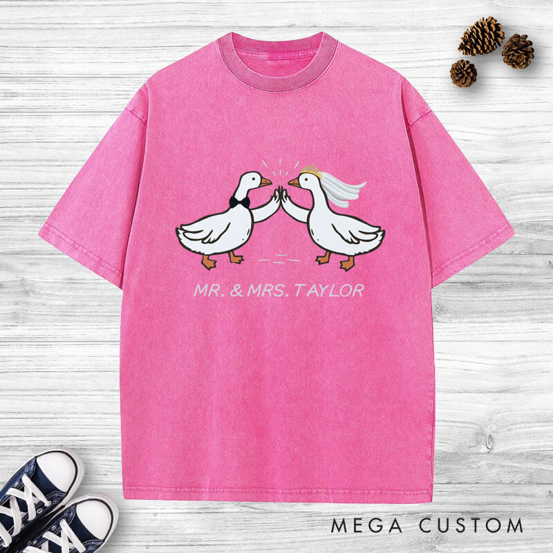 Personalized Mr and Mrs Silly Goose Bride and Groom Wedding Couple Washed T-Shirt