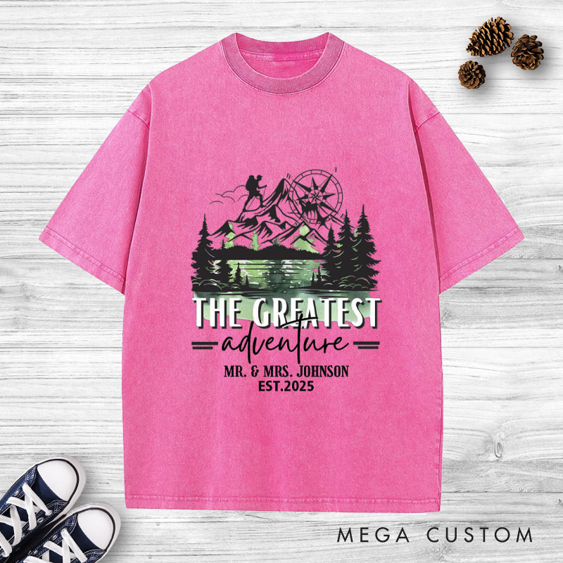 Personalized The Greatest Adventure Mr and Mrs Wedding Couple Washed T-Shirt