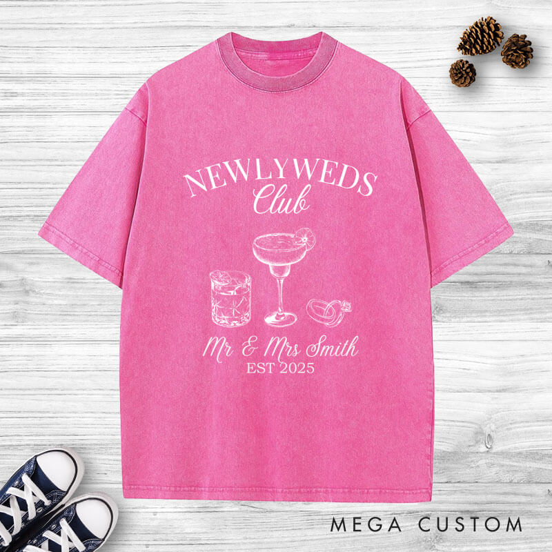 Personalized Rustic Newlyweds Club with Cocktails Mr and Mrs Wedding Couple Washed T-Shirt