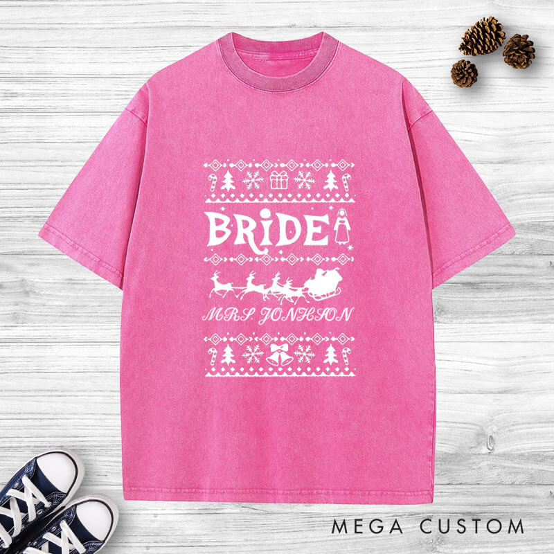 Personalized Christmas Bride and Groom with Reindeer and Sleighs Matching Wedding Couple Washed T-Shirt