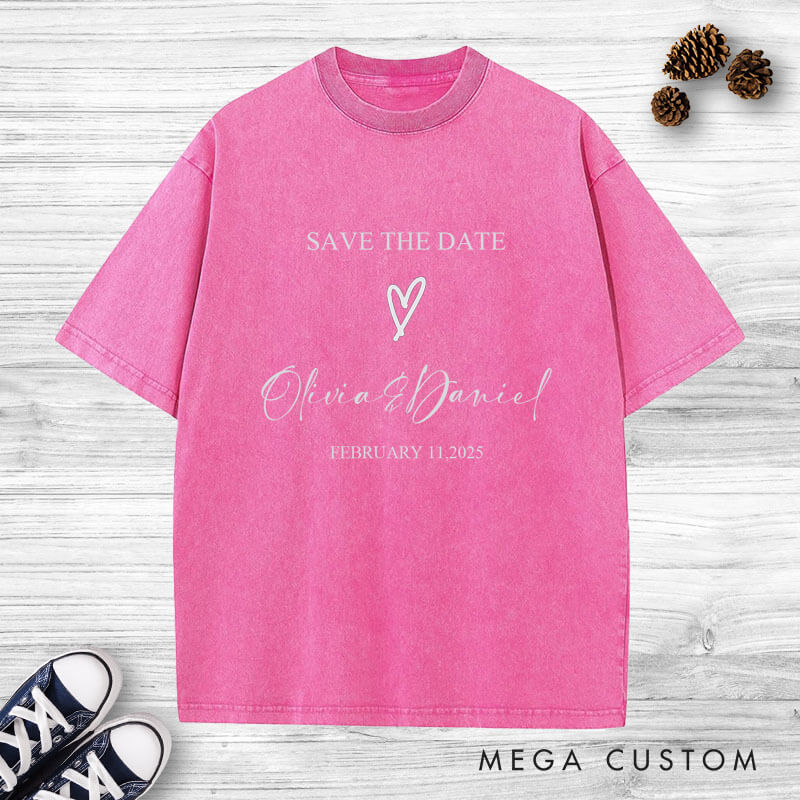 Personalized Save The Date with Your Names and Heart Wedding Couple Washed T-Shirt