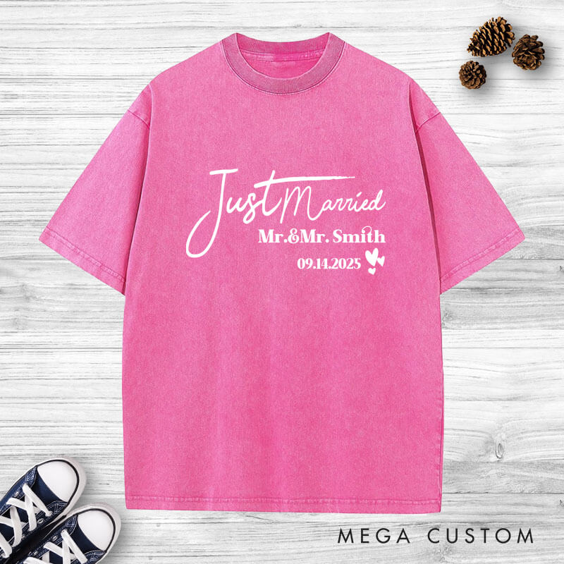 Personalized Elegant Just Married Mr and Mrs with Hearts Wedding Couple Washed T-Shirt