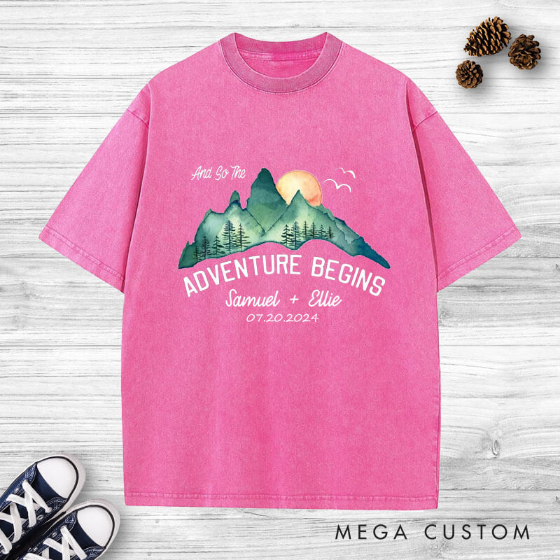 Personalized Scenic And So The Adventure Begins Newlyweds Wedding Couple Washed T-Shirt