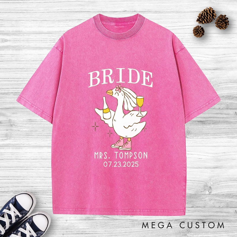 Personalized Lively Bride and Groom Silly Goose with Champagne Matching Wedding Couple Washed T-Shirt
