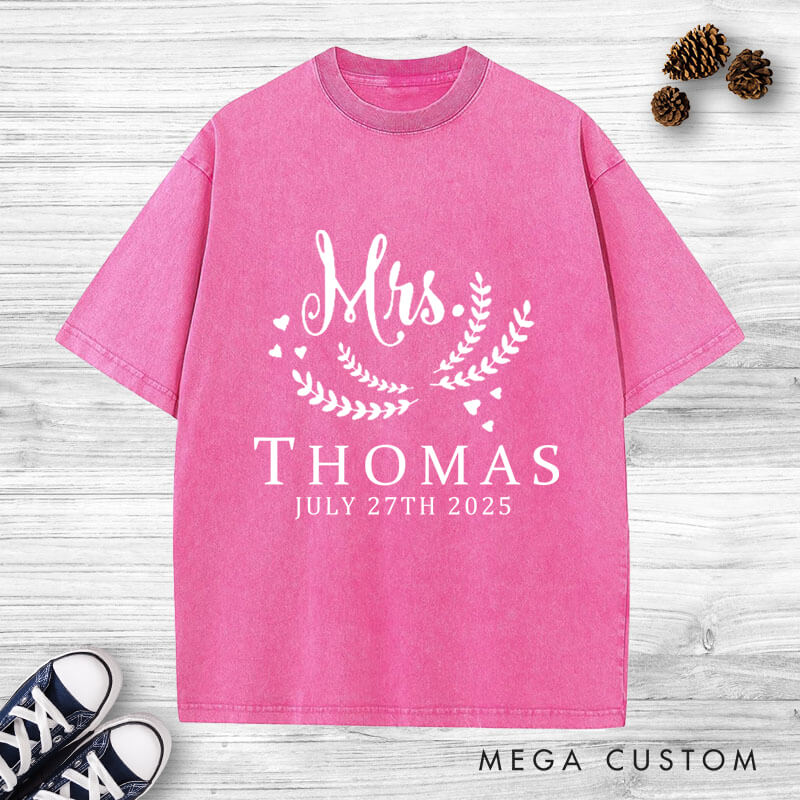 Personalized Graceful Mr and Mrs with Oliver Branches Matching Wedding Couple Washed T-Shirt