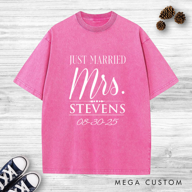 Personalized Elegant Just Married Mr and Mrs with Date Wedding Couple Washed T-Shirt