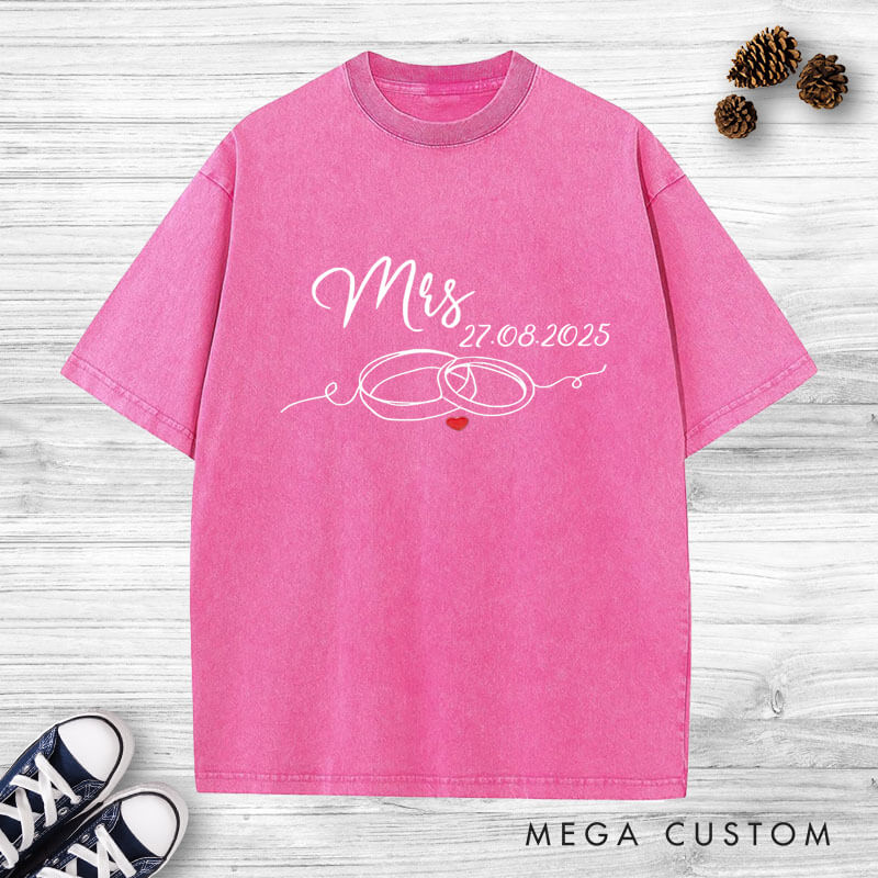 Personalized Elegant Mr and Mrs with Wedding Rings Matching Wedding Couple Washed T-Shirt