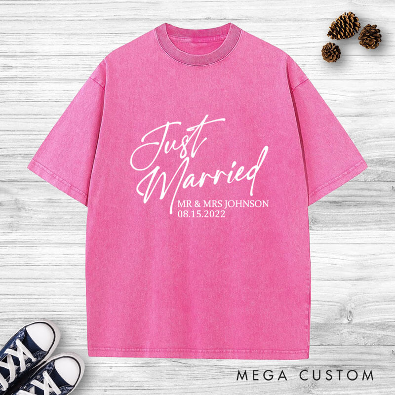 Personalized Modern Just Married Newlyweds Wedding Couple Washed T-Shirt