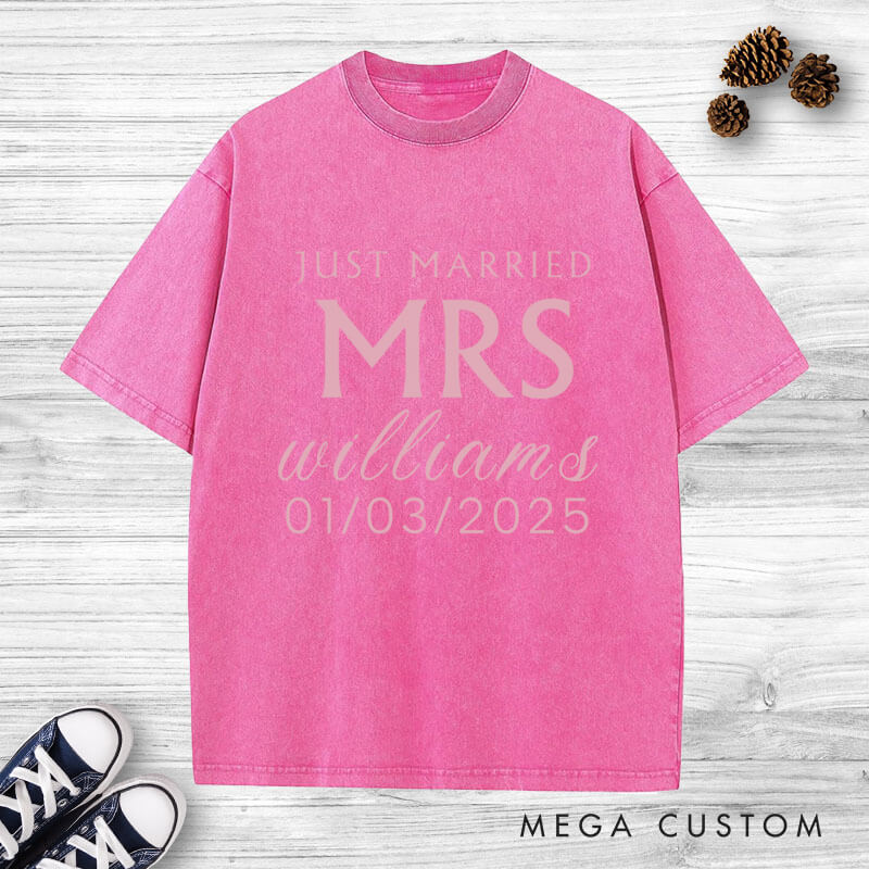 Personalized Minimalist Just Married Mr and Mrs Wedding Couple Washed T-Shirt