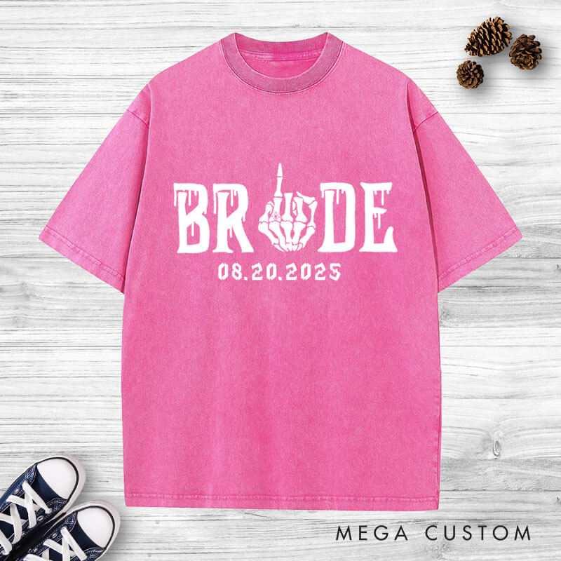 Personalized Funny Gesture Skeleton Bride and Groom Matching Wedding Couple Washed T-Shirt