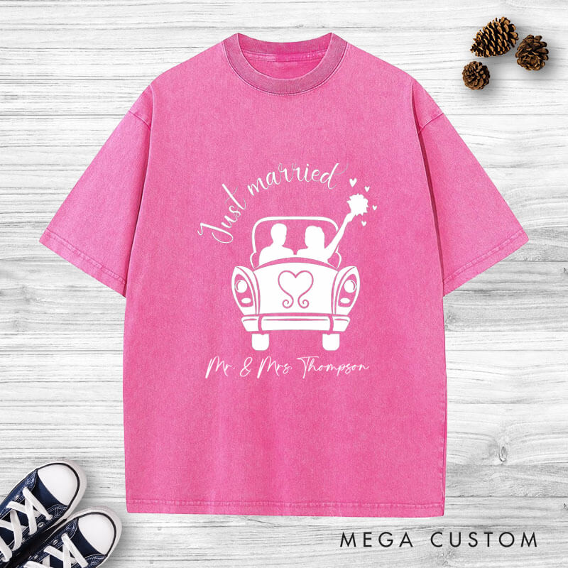 Personalized Romantic Just Married with Wedding Car Wedding Couple Washed T-Shirt