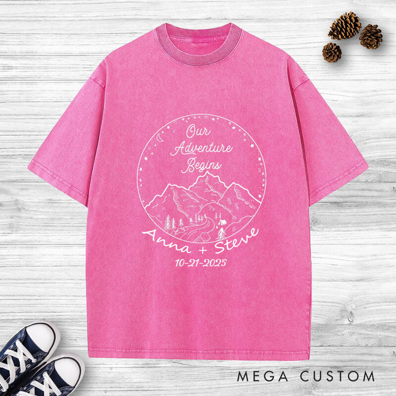 Personalized Rustic Mountain Our Adventure Begins Newlyweds Wedding Couple Washed T-Shirt