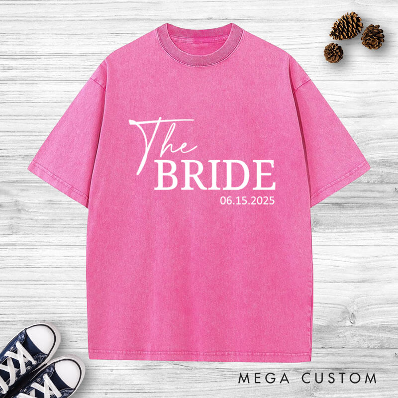 Personalized Minimalist The Bride and The Groom with Date Matching Wedding Couple Washed T-Shirt