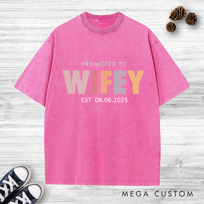 Personalized Playful Promoted to Hubby and Wifey Matching Wedding Couple Washed T-Shirt