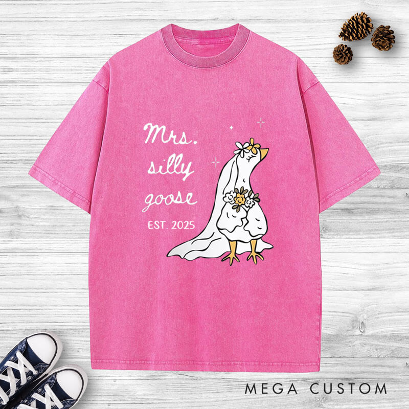 Personalized Funny Mr and Mrs Silly Goose Matching Wedding Couple Washed T-Shirt