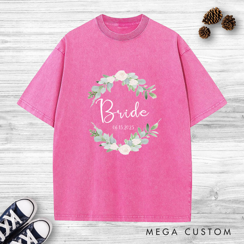 Personalized Elegant Floral Wreath Bride and Groom Matching Wedding Couple Washed T-Shirt