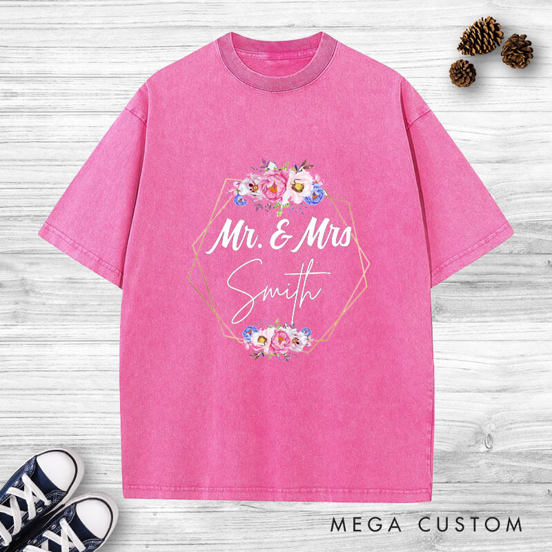 Personalized Geometric Frame with Watercolor Floral Mr and Mrs Wedding Couple Washed T-Shirt