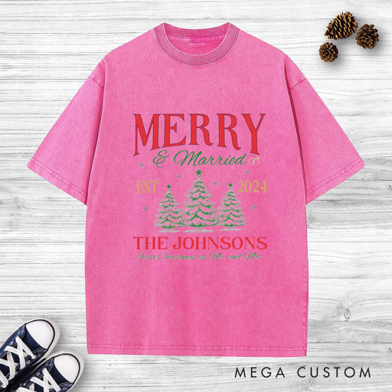 Personalized Joyful Merry and Married the First Christmas as Mr and Mrs Washed T-Shirt