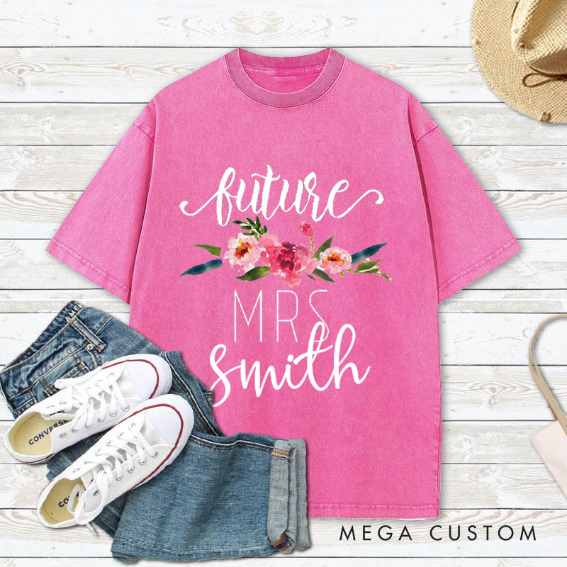 Personalized Watercolor Floral Future Mrs Fiancee Engagement Fiancée Washed T-Shirt